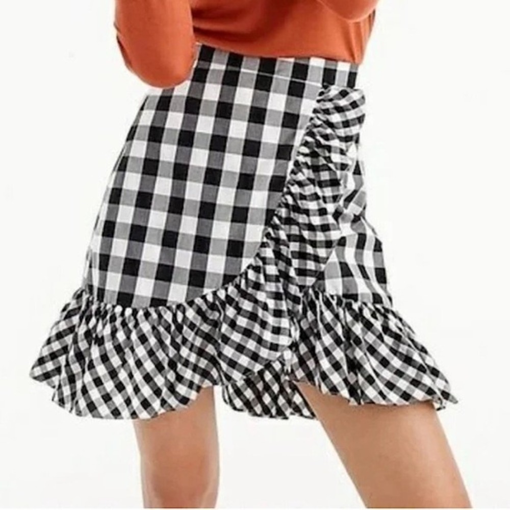 J. Crew Gingham Ruffle Wrap Mini Skirt Size 14 Poplin Cotton Black White Classic